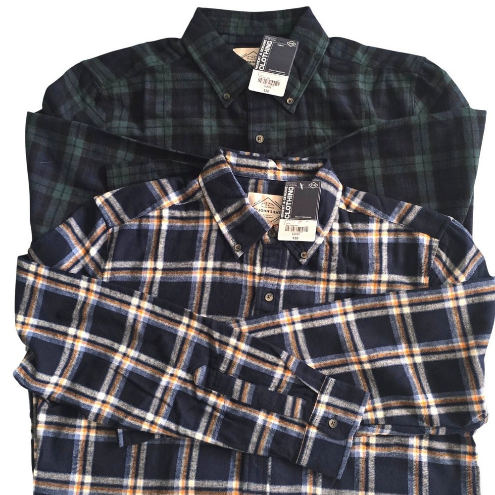 Lot 2 St Johns Bay Mens Flannel Shirts Large NWT Navy Green Orange Blue Plaid
